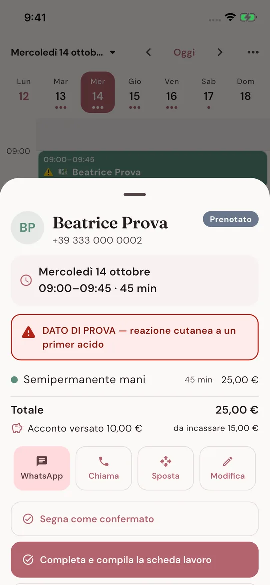 Dettaglio di un appuntamento con acconto e avvertenze