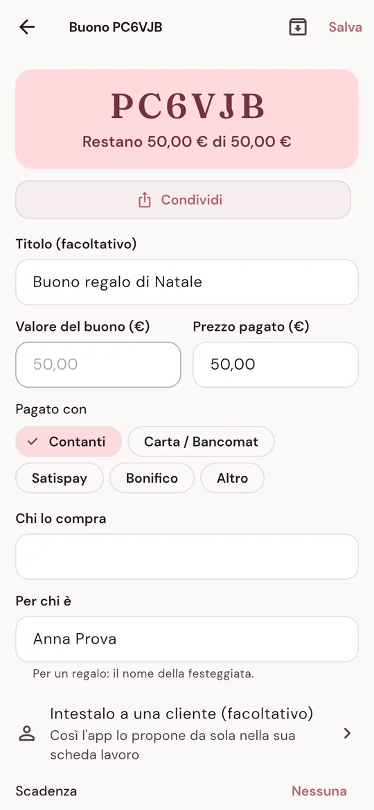 Buono regalo con codice e credito residuo