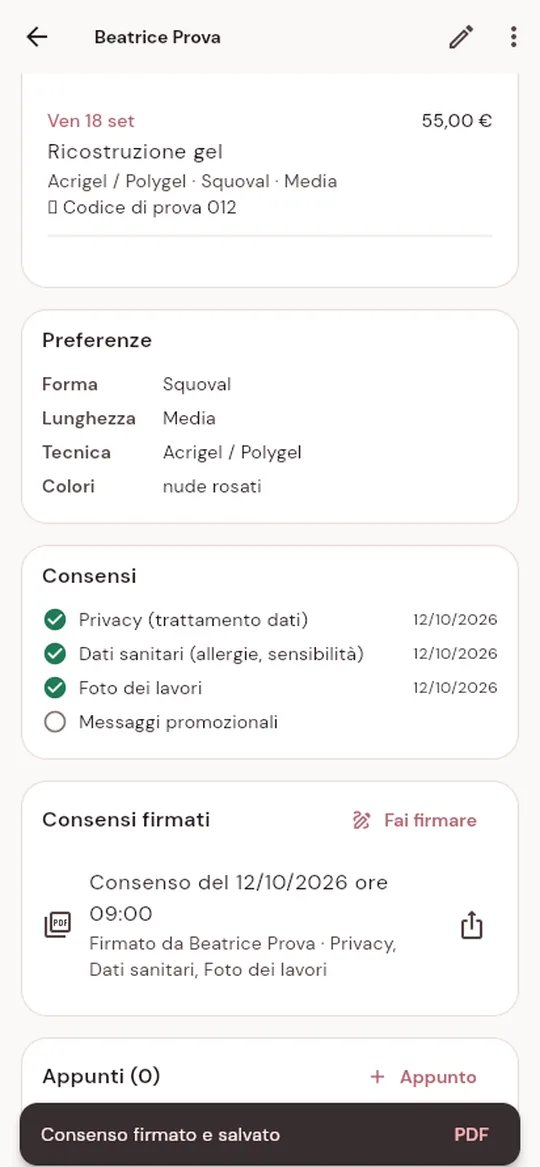 Consensi firmati nella scheda cliente con il PDF