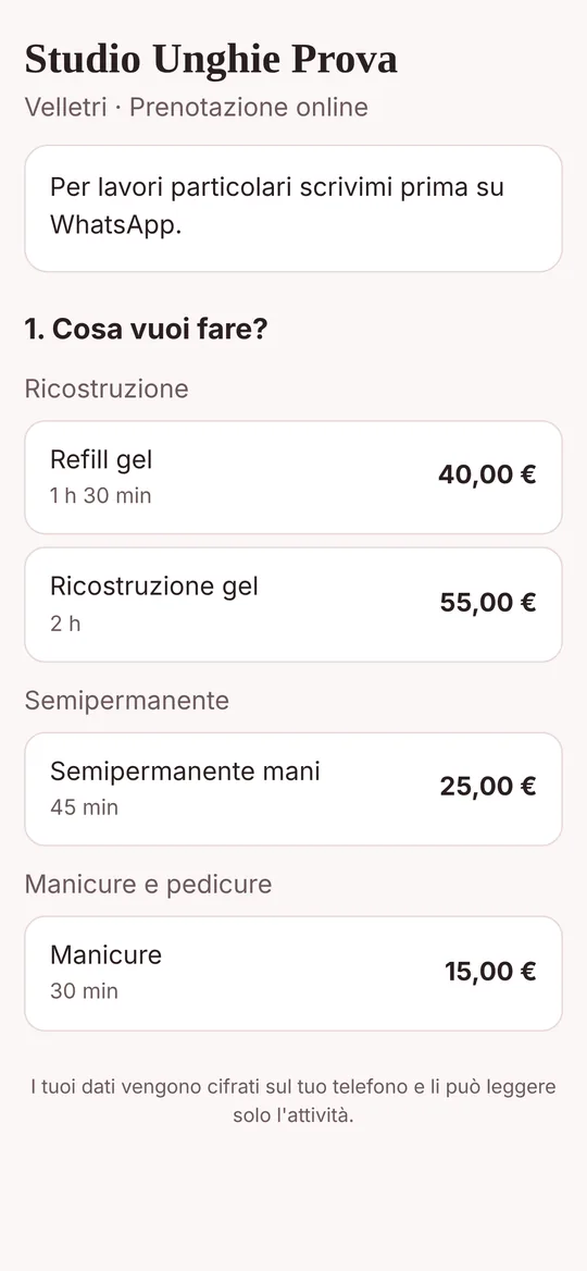 Pagina di prenotazione: scelta del servizio